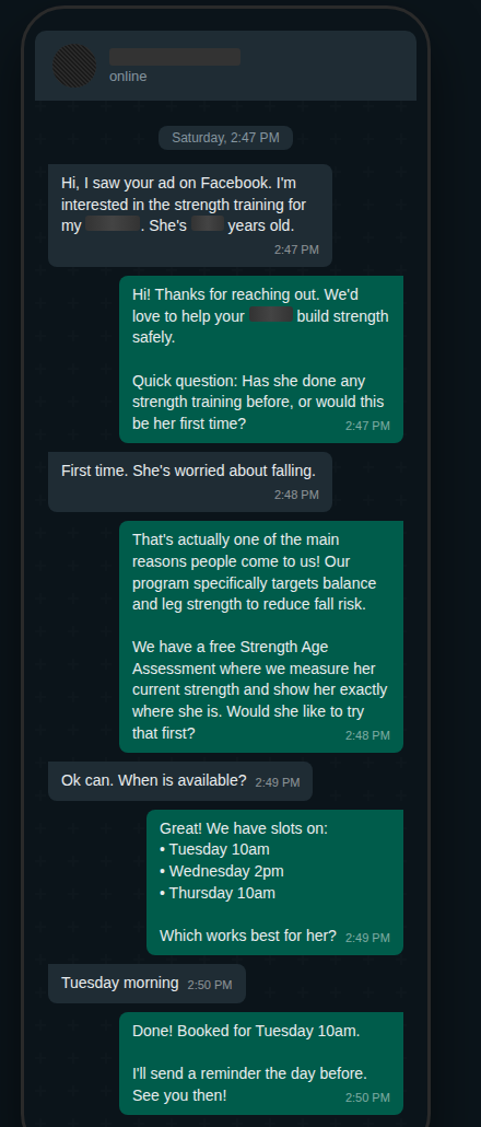 WhatsApp conversation showing AI responding to inquiry